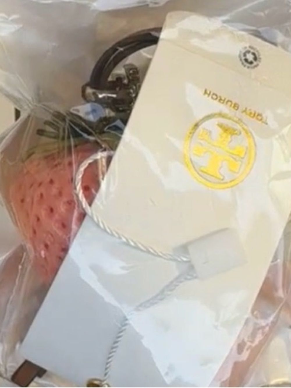 NWT Tory Burch 3D Pink Strawberry Bag Charm Leather Key Fob Silver Logo Accent - Picture 2 of 3
